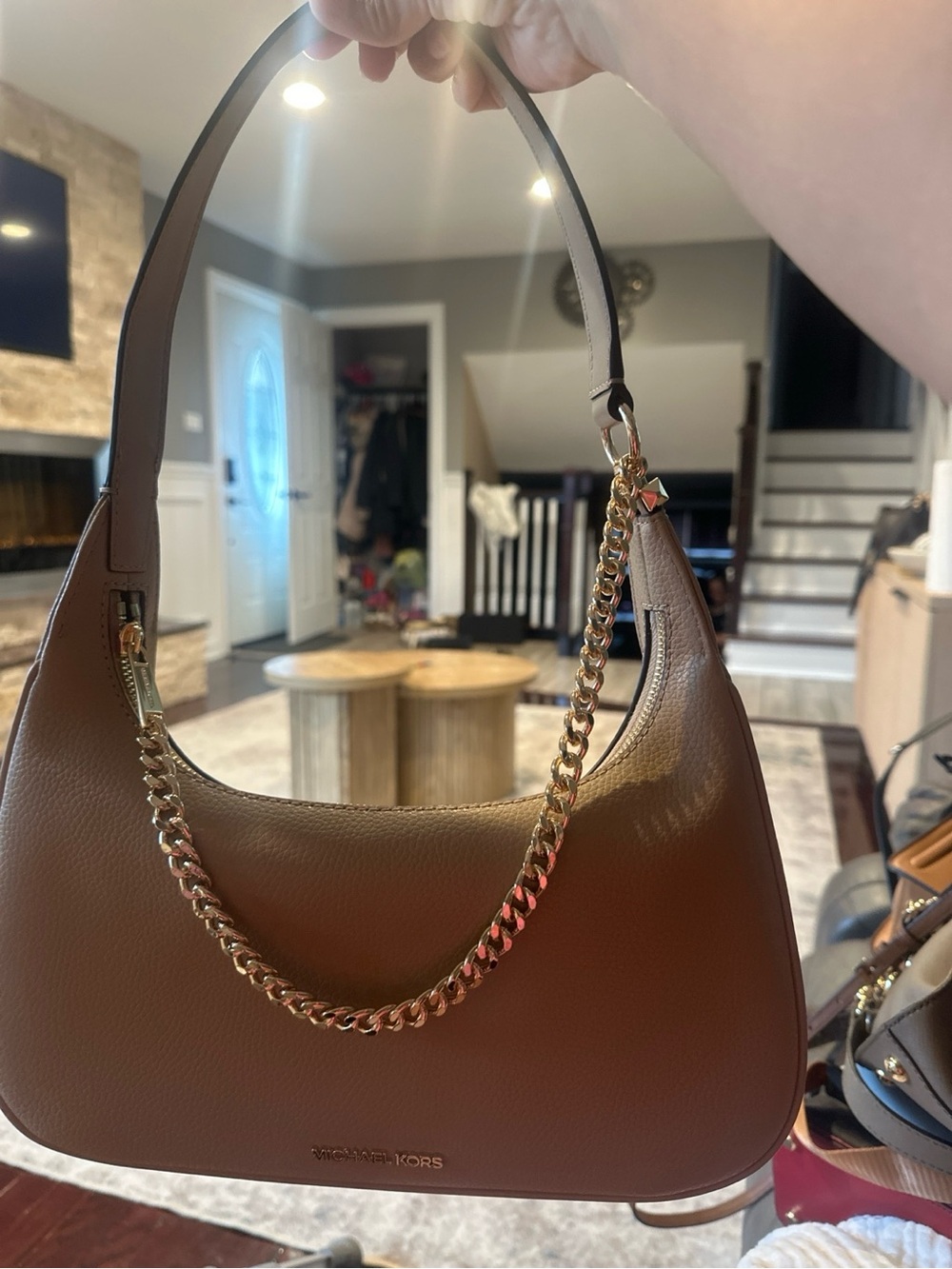 Michael Kors Brown Pebbled Leather Shoulder Bag with Gold Chain